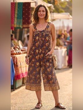 Ahimsa Boho Floral‎ Cropped Wide Leg Romper Jumpsuit One Size Pockets